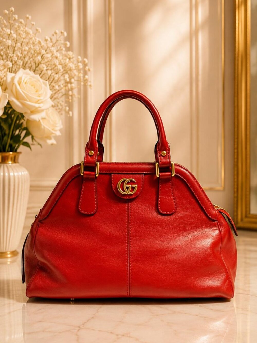 Authentic Gucci RE(BELLE) Red Leather Top Handle Satchel Shoulder Bag GG Logo